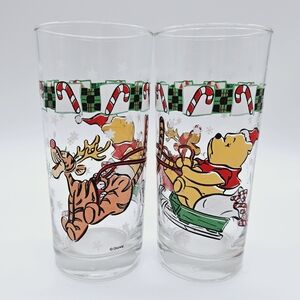 DISNEY | Christmas holiday Pooh Bear & Tigger candy cane sleigh set of 2 glasses